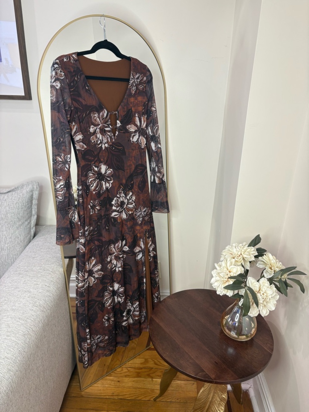 NWT COMMENSE LARGE Floral Brown Maxi Dress with V-Neck and bell sleeves